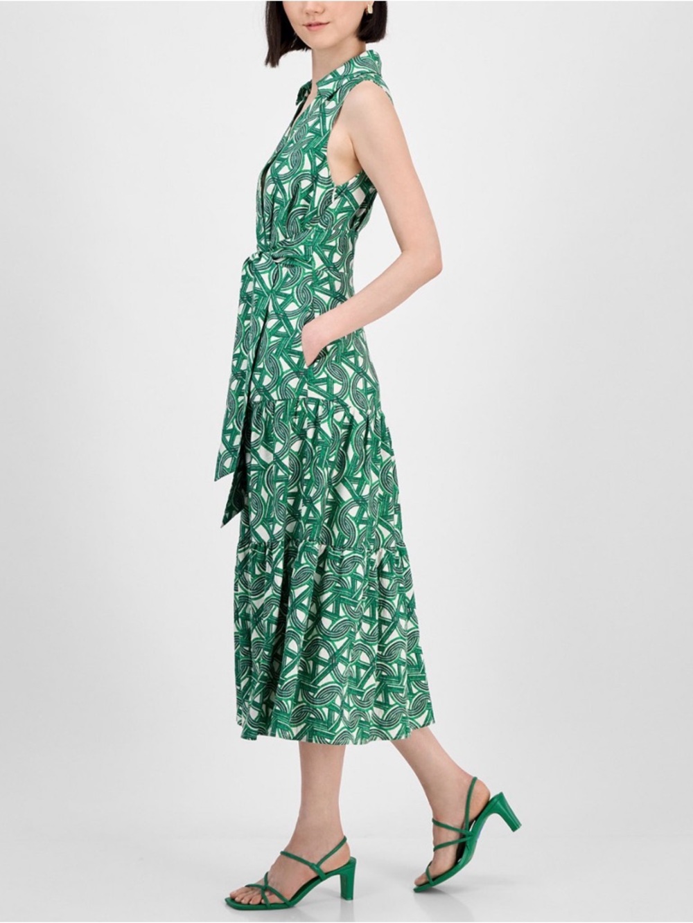 Tahari ASL Women’s Sleeveless Tie Waist Collard Shirtdress Sz 14 Green $159 NWT - Picture 3 of 6